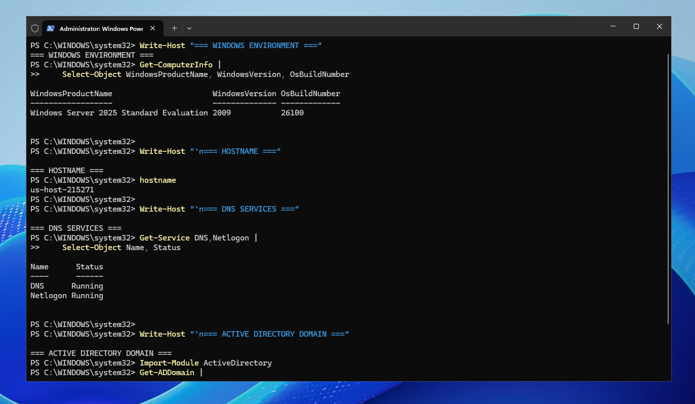 Windows Server 2025 Active Directory domain controller showing DNS and Netlogon services running and domain details