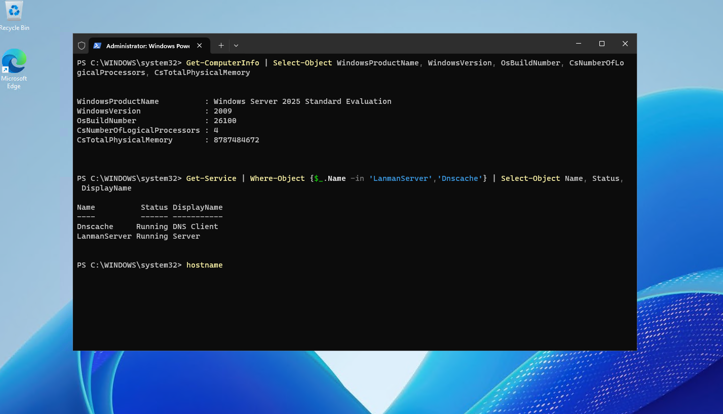 PowerShell output showing the Raff Windows VPS test environment before Active Directory Domain Services promotion.
