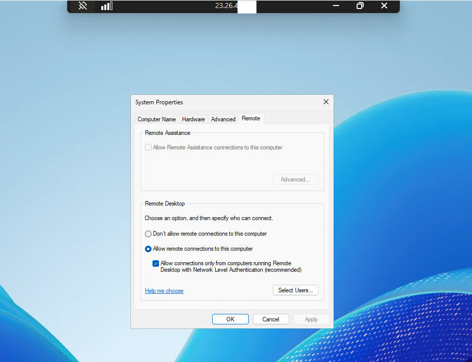 Windows Server Remote Desktop settings showing Network Level Authentication enabled for secure RDP connections