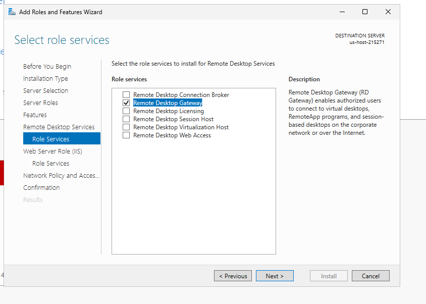 Windows Server 2025 Add Roles and Features wizard showing Remote Desktop Gateway selected under Remote Desktop Services role services