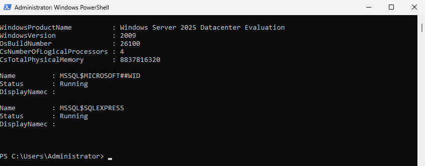 PowerShell output showing a Raff Windows VPS running Windows Server 2025 Datacenter Evaluation with SQL Server SQLEXPRESS service running.