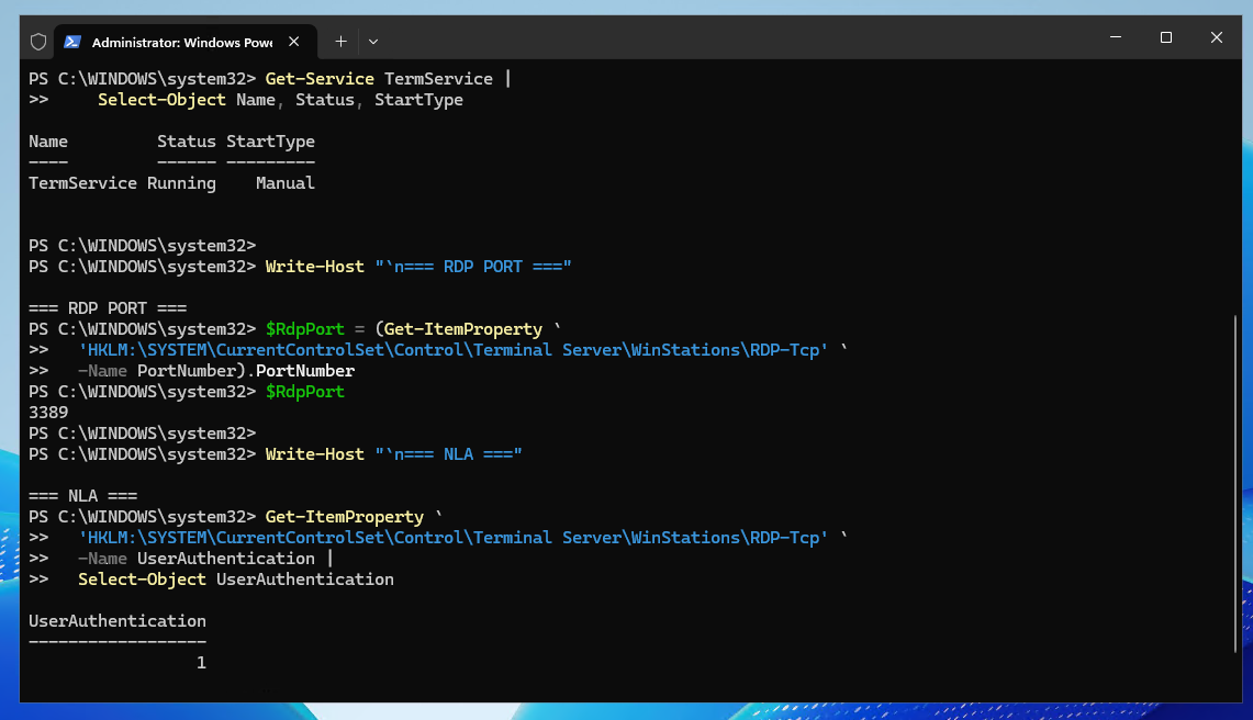PowerShell showing Windows Server 2025 version, Remote Desktop service status, RDP port, and Network Level Authentication state on a Raff Windows VM