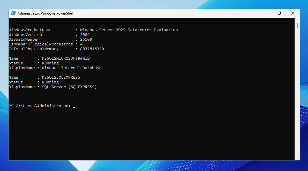 PowerShell output showing a Raff Windows VPS running Windows Server 2025 with SQL Server SQLEXPRESS service available.
