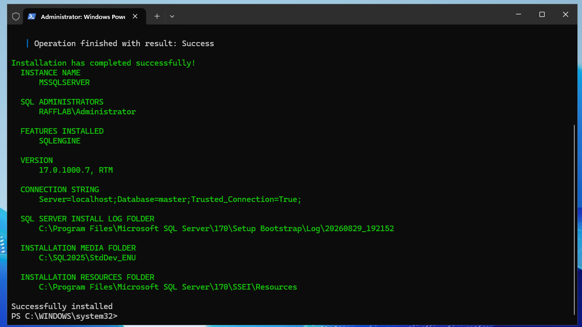 SQL Server 2025 Developer installation completed on a Raff Windows VM