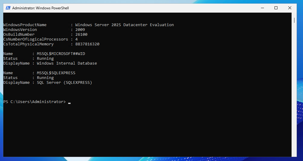 PowerShell output showing a Raff Windows VPS running Windows Server 2025 with SQL Server SQLEXPRESS service available for TempDB testing.