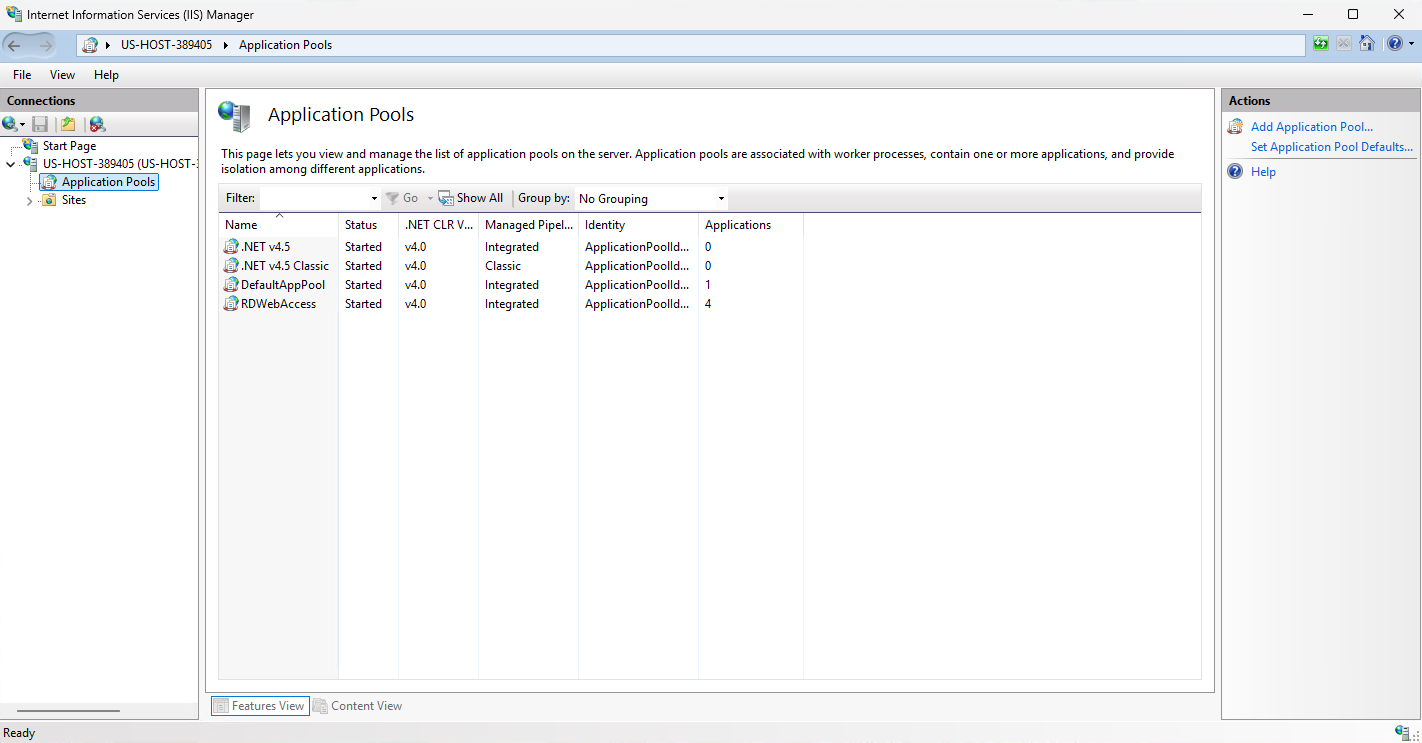 IIS Manager showing the Application Pools list on a Windows Server VPS.