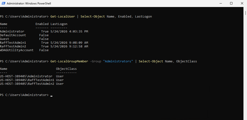 PowerShell output showing local users and members of the local Administrators group on a Windows Server VPS.