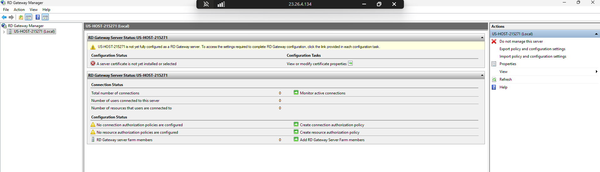 Windows Server RD Gateway Manager showing gateway status, connection authorization policies, and resource authorization policies configuration areas