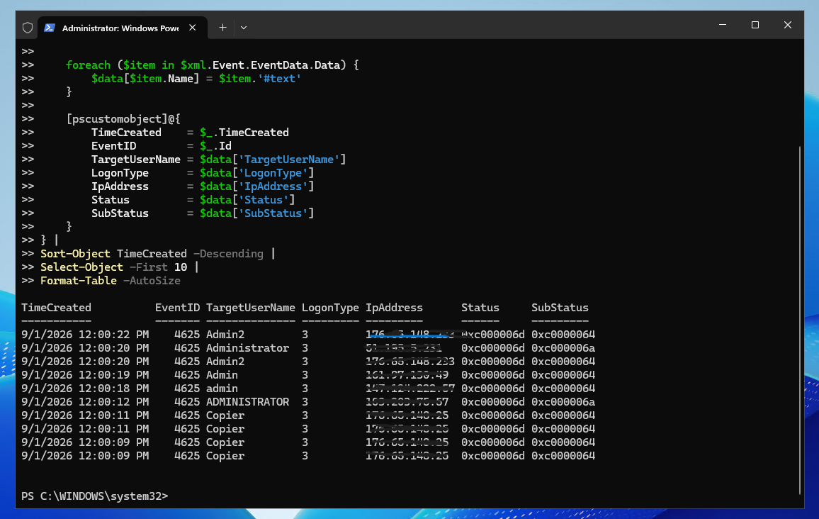 PowerShell showing Windows Security Event 4625 failed RDP authentication attempts with Logon Type 3, source IP, username, status, and substatus on Windows Server 2025