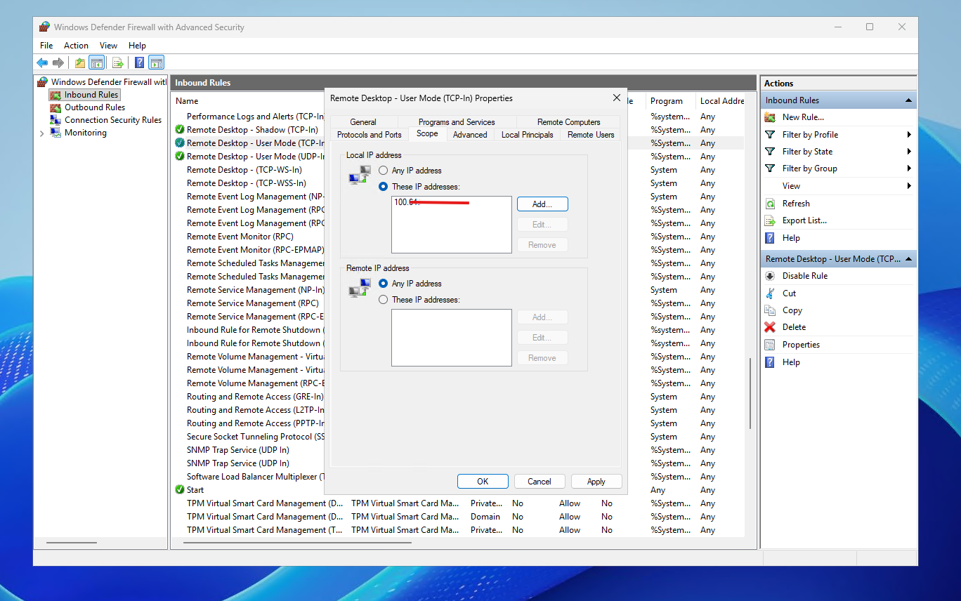 Windows Defender Firewall inbound rule showing restricted Remote Desktop access with allowed IP addresses