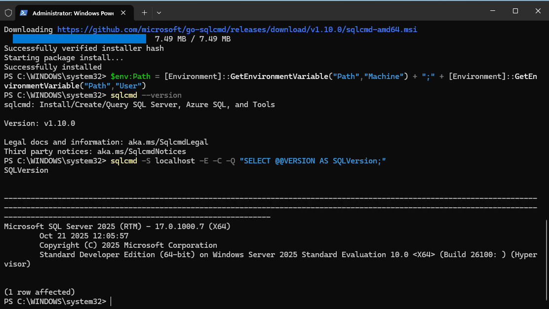 SQL Server 2025 version verification on a Raff Windows VM