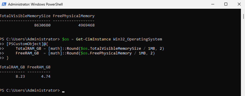 PowerShell output showing total and free Windows memory on a Raff Windows VPS before SQL Server memory tuning.