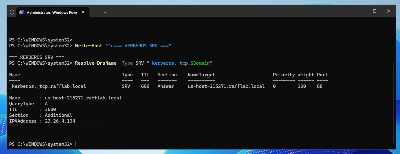 PowerShell showing Active Directory LDAP and Kerberos SRV records resolving to the domain controller Caption: LDAP and Kerberos SRV records resolving successfully for the Raff Active Directory test domain. Replace this comment with the final Markdown image after the Strapi/S3 URL is available.