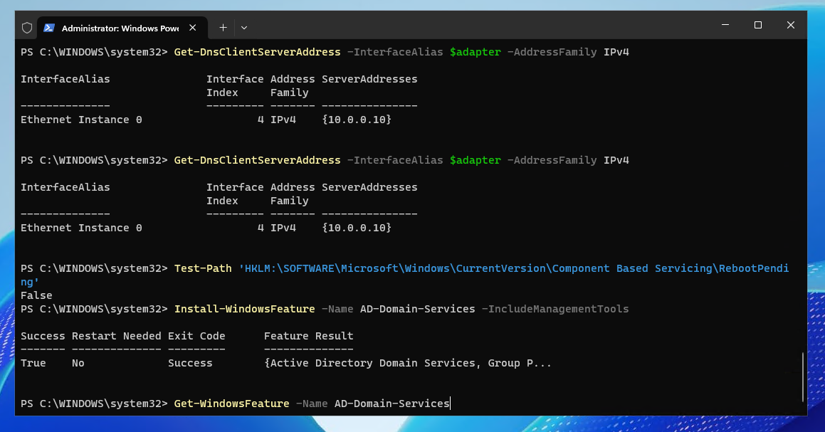 PowerShell output showing Active Directory Domain Services role installed successfully on Windows Server.