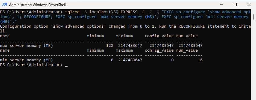 sqlcmd output showing current SQL Server min server memory and max server memory configuration values.