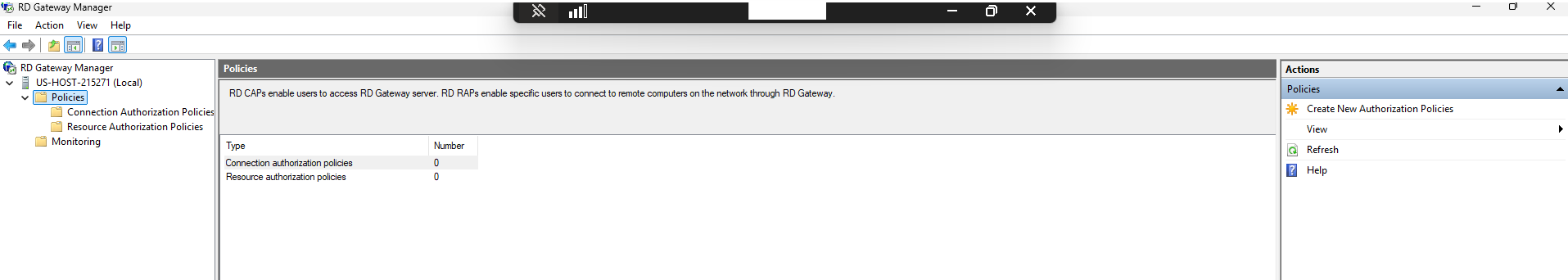 Windows Server RD Gateway Connection Authorization Policy showing authentication requirements and allowed user groups for remote access
