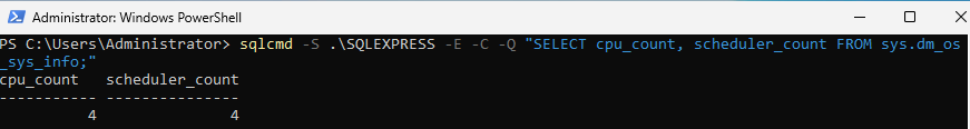 sqlcmd output showing SQL Server CPU count and scheduler count used for TempDB file planning.