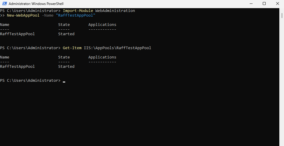 PowerShell output showing a RaffTestAppPool application pool created in IIS.