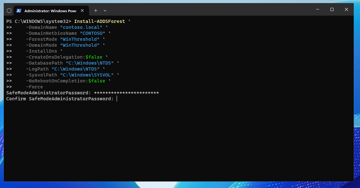 PowerShell output showing Install-ADDSForest running to promote the Windows VPS to the first domain controller of the contoso.local forest.