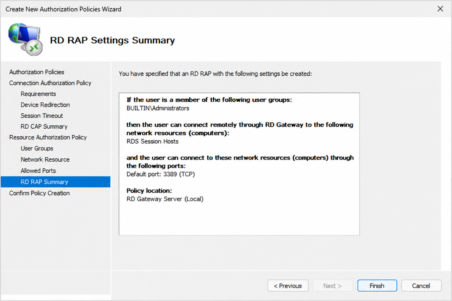 Windows Server RD Gateway Resource Authorization Policy showing allowed user groups, RDS Session Hosts, and permitted RDP ports