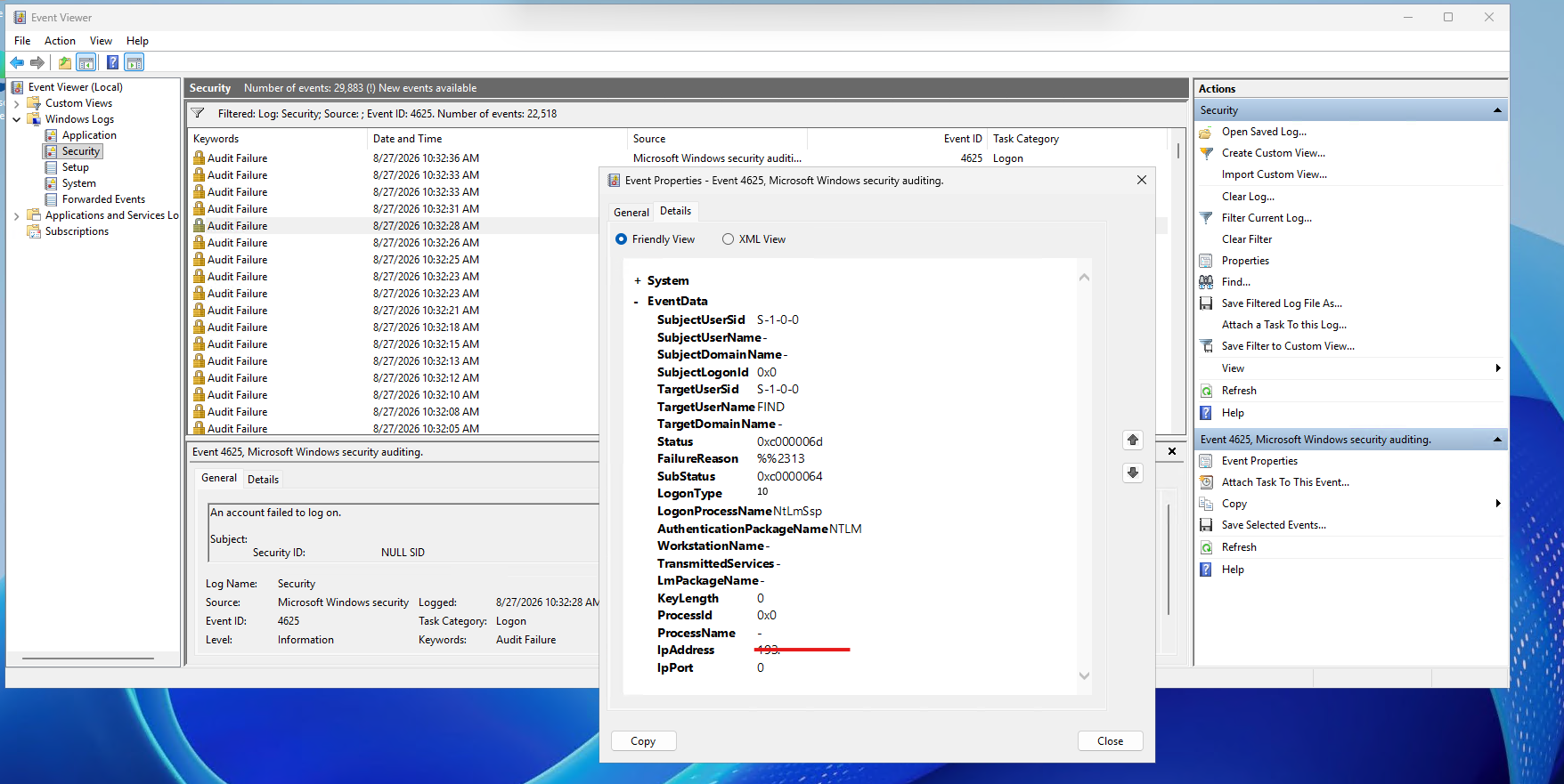 Windows Local Security Policy showing Account Lockout Policy settings for failed login protection
