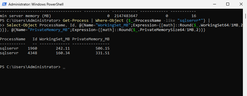 PowerShell output showing SQL Server process working set and private memory usage on a Windows VPS.