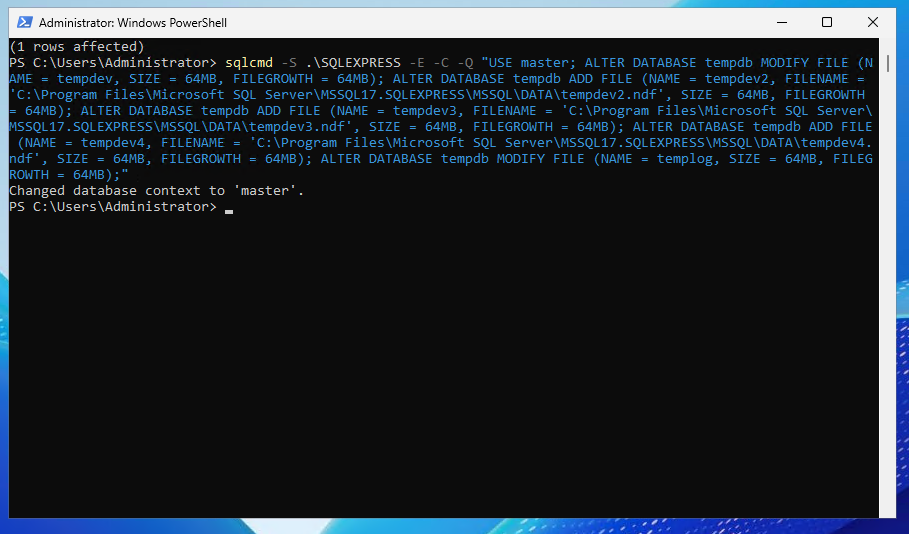 sqlcmd output showing ALTER DATABASE commands applied to resize TempDB files and add additional TempDB data files.