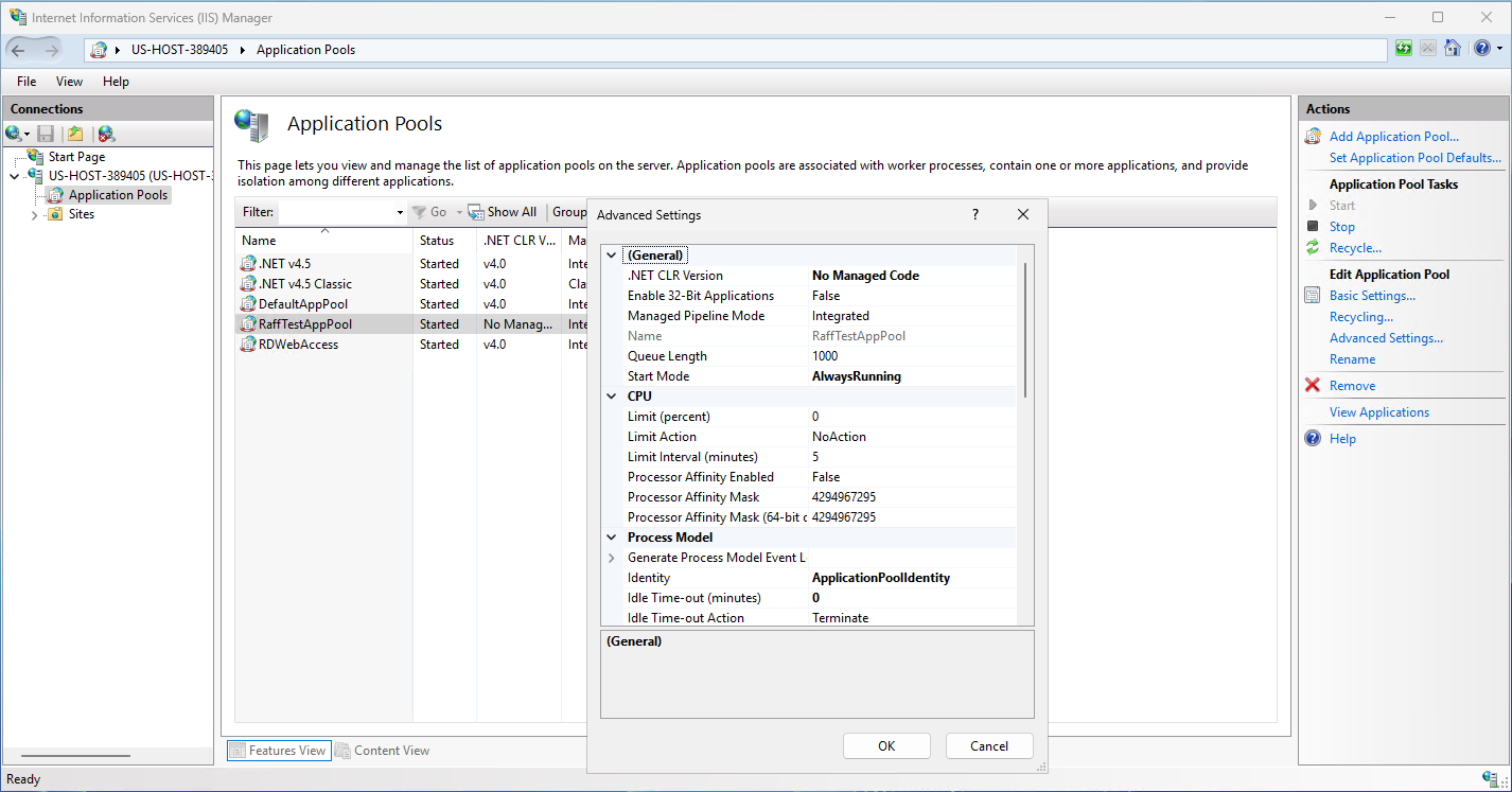 IIS Application Pool Recycling settings showing configurable conditions for recycling a worker process.