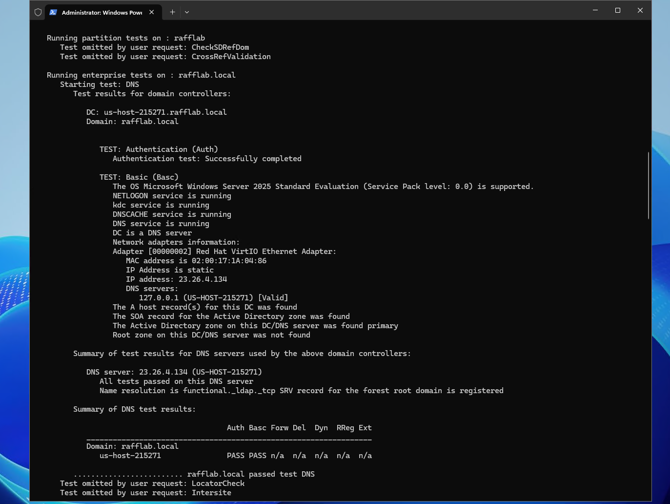 DCDiag DNS basic test results for a Windows Server 2025 Active Directory domain controller Caption: Basic Active Directory DNS health check completed with dcdiag on the Raff Windows Server 2025 domain controller. Replace this comment with the final Markdown image after the Strapi/S3 URL is available.
