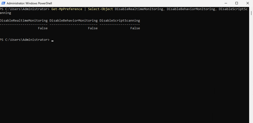 PowerShell output showing Microsoft Defender real-time, behavior, and script scanning settings on Windows Server.