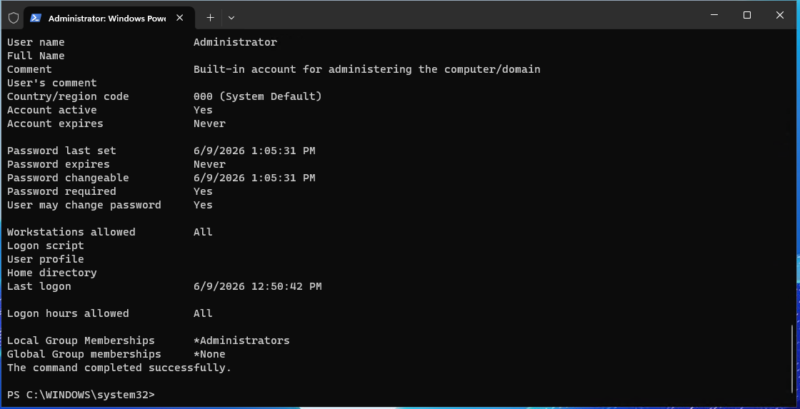 PowerShell output showing the local Administrator account with Password required set to Yes before AD DS promotion.