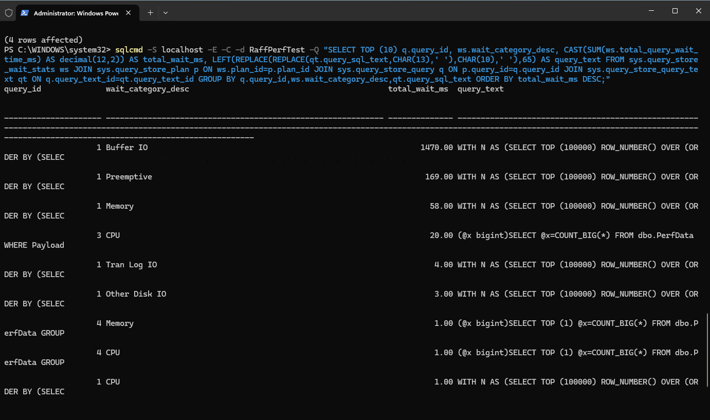 Query Store wait statistics captured on Raff SQL Server 2025