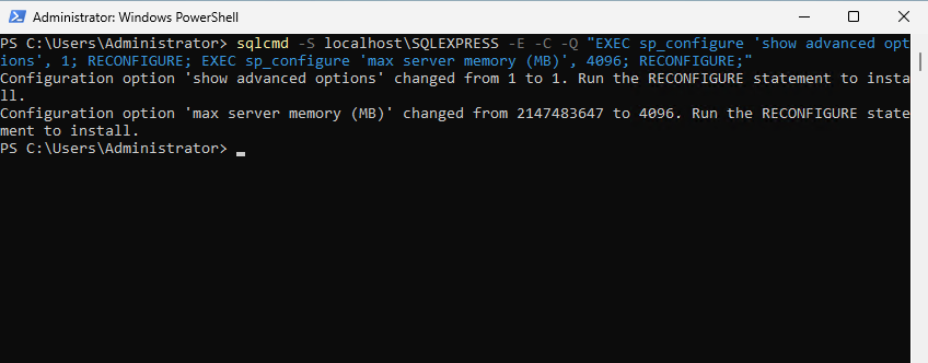 sqlcmd output showing max server memory set to 4096 MB for SQL Server on a Windows VPS.