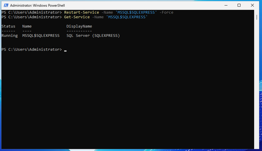 PowerShell output showing the SQL Server SQLEXPRESS service restarted and running after TempDB configuration changes.