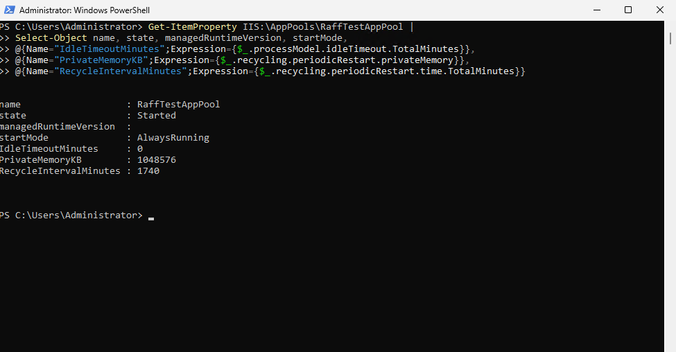 PowerShell output showing production-style IIS application pool settings verified on a Raff Windows Server VPS.