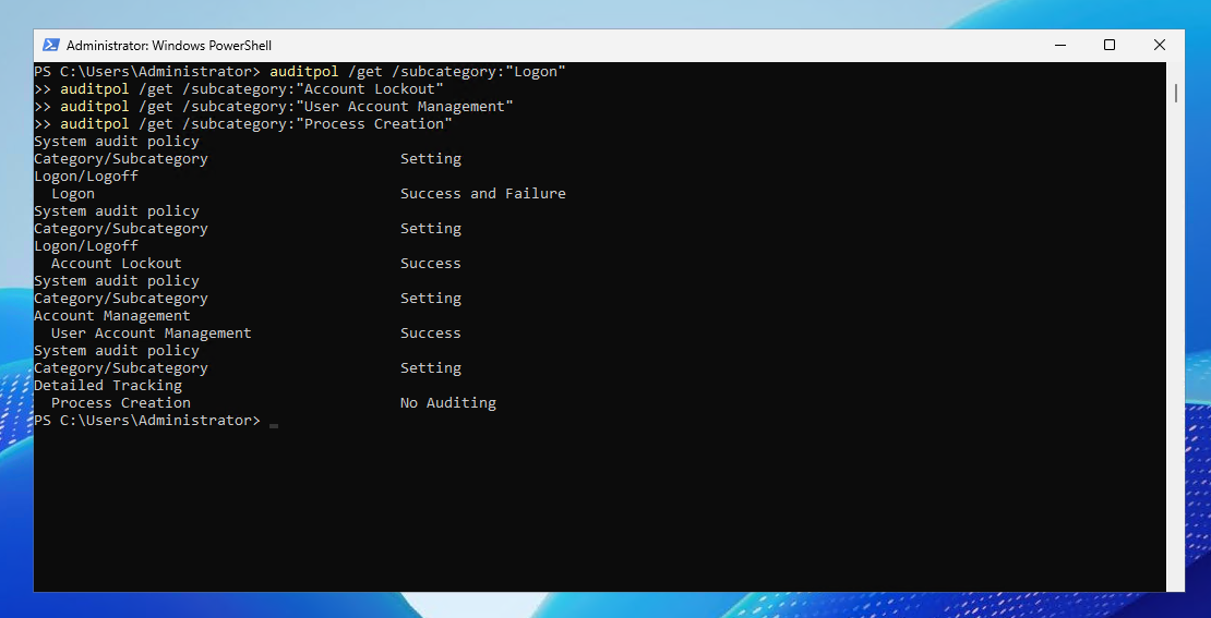 PowerShell audit policy output showing Windows Server logon, account lockout, user management, and process creation audit settings.