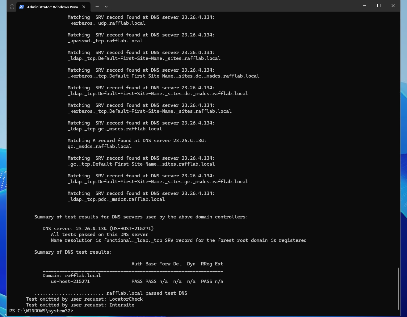 DCDiag DNS record registration test verifying Active Directory A, CNAME, and SRV records Caption: DCDiag record-registration test validating the domain controller's critical Active Directory DNS records. Replace this comment with the final Markdown image after the Strapi/S3 URL is available.