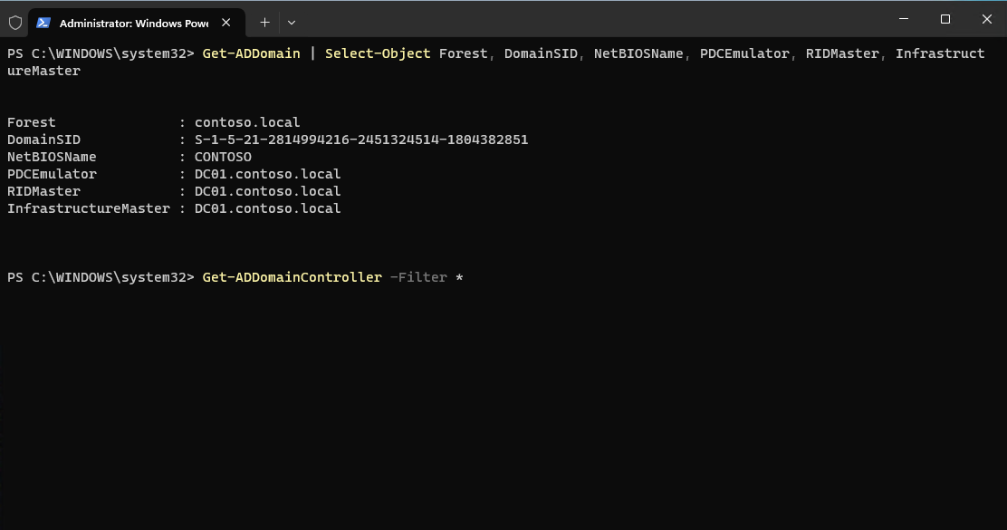 PowerShell output showing the promoted Windows VPS verified as a domain controller for the contoso.local Active Directory domain.