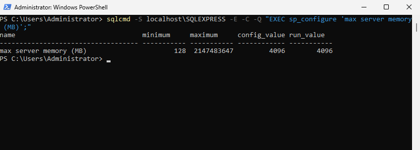 sqlcmd output verifying SQL Server max server memory is set to 4096 MB on a Raff Windows VPS.