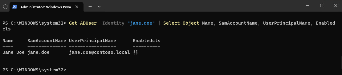 PowerShell output showing the Accounting organizational unit and Jane Doe domain user created in Active Directory.