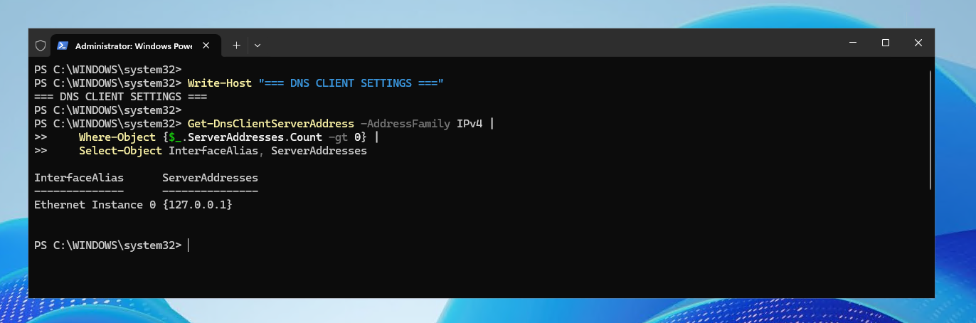 Windows Server 2025 domain controller DNS client settings using the local AD DNS service at 127.0.0.1