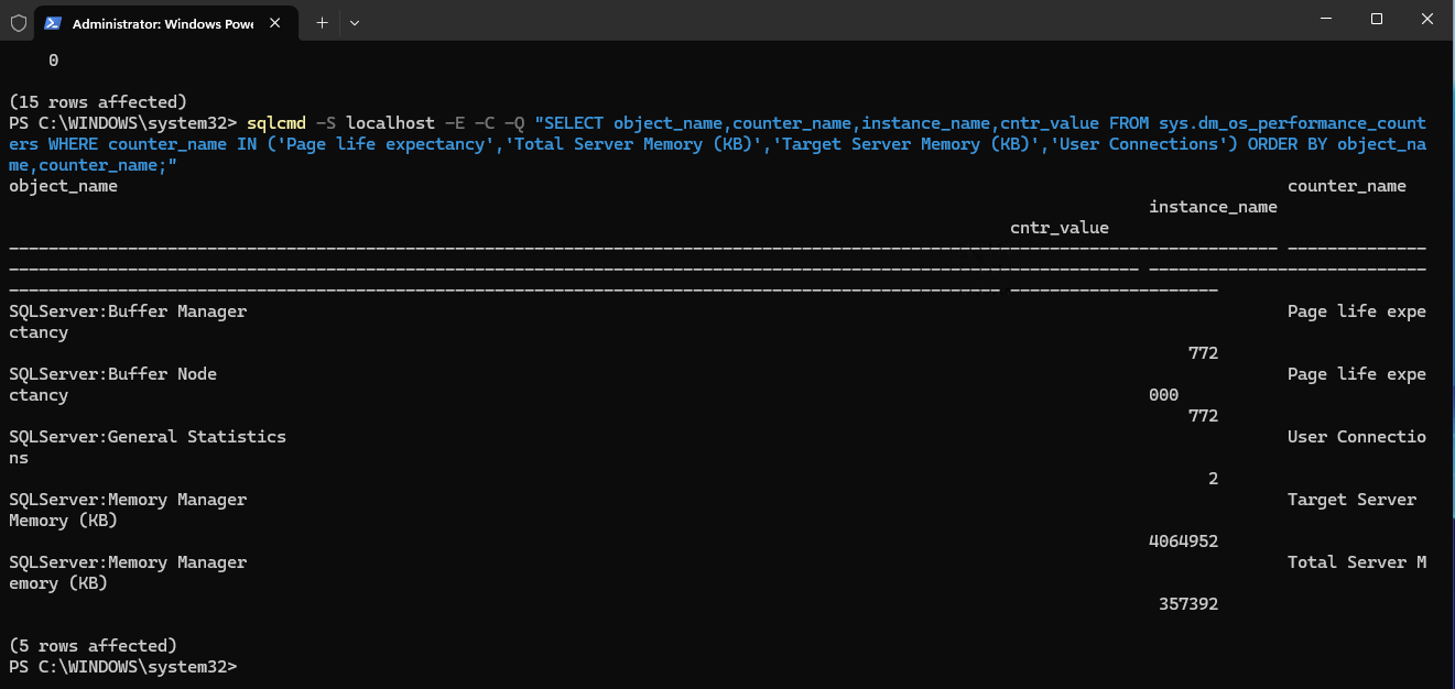 SQL Server performance counters on the Raff SQL Server 2025 lab