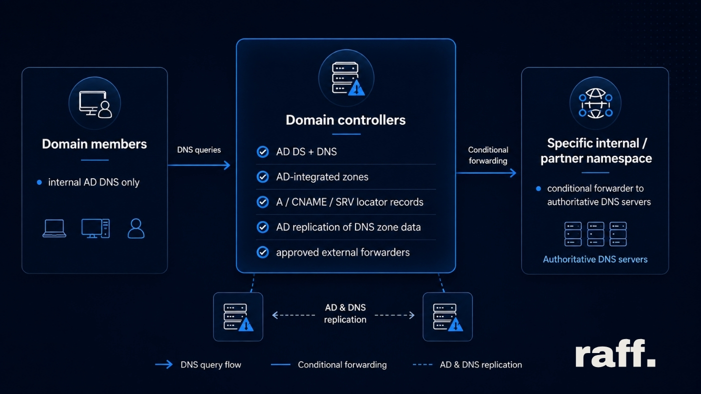 Active Directory DNS architecture on Windows Server 2025 showing domain members using internal AD DNS, domain controllers handling AD DS, DNS, locator records, and replication, plus conditional forwarding to authoritative DNS servers for specific internal or partner namespaces.