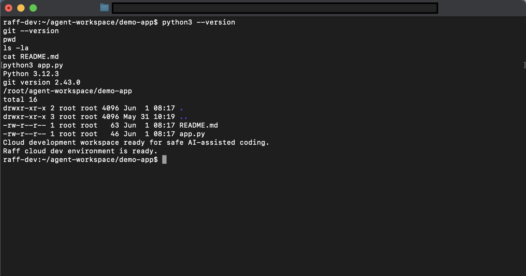 Terminal window showing a clean cloud development workspace prepared for AI-assisted coding.