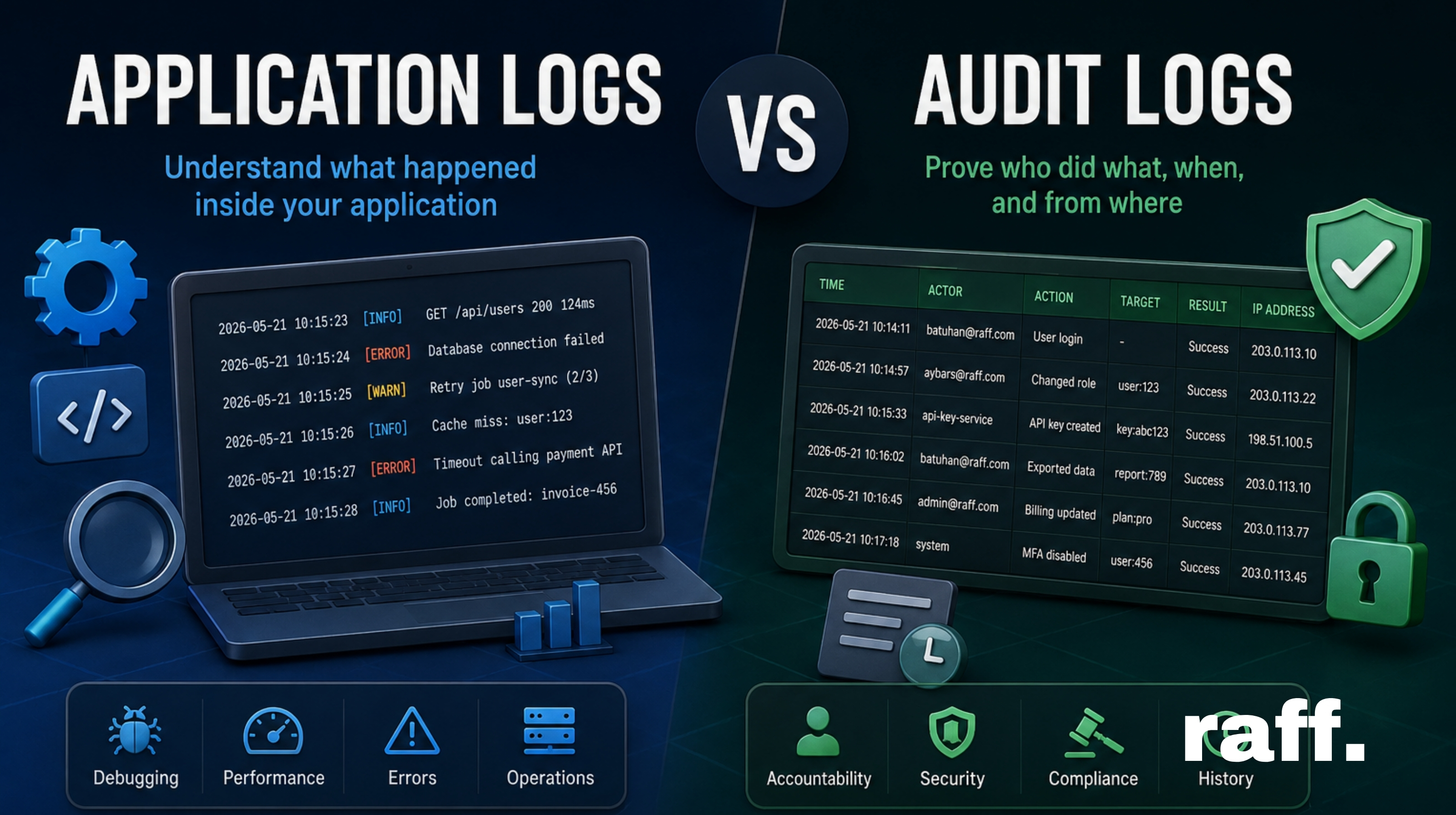 Application Logs vs Audit Logs Guide | Raff Technologies