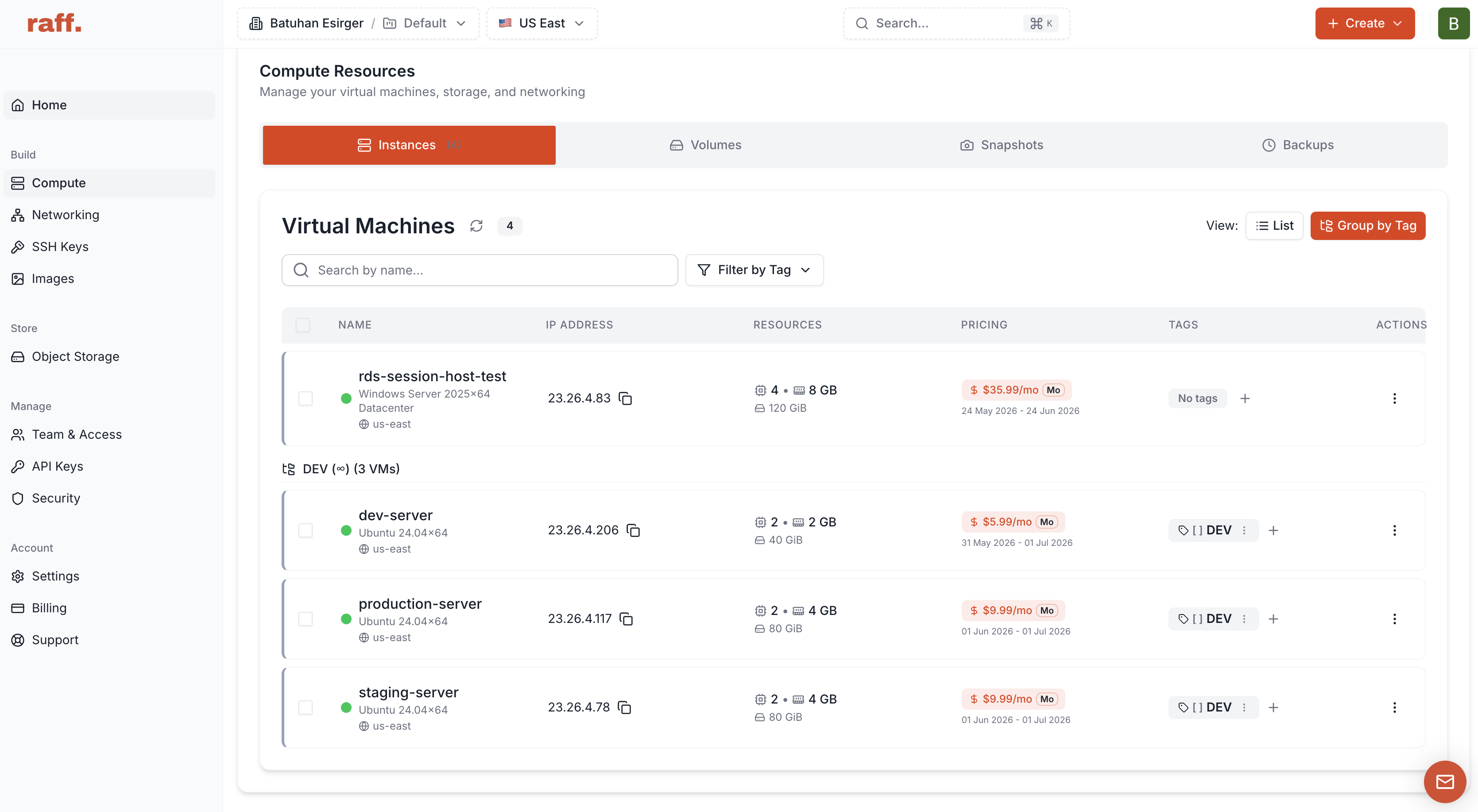 Raff dashboard showing separate cloud VMs for development, staging, and production environments.