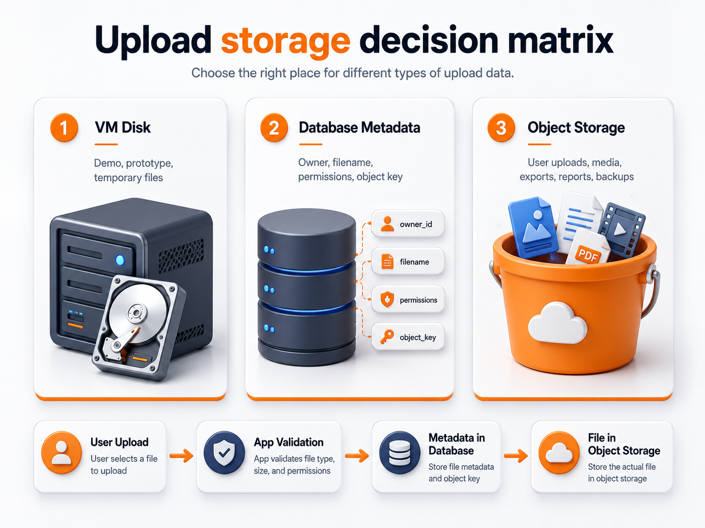 Decision matrix showing VM disk, database metadata, and object storage for app uploads