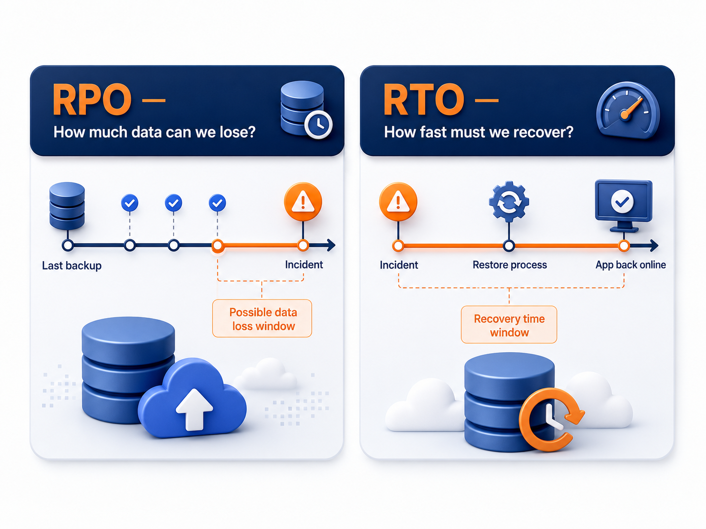 RPO and RTO explainer showing data loss window and recovery time for SaaS database backups