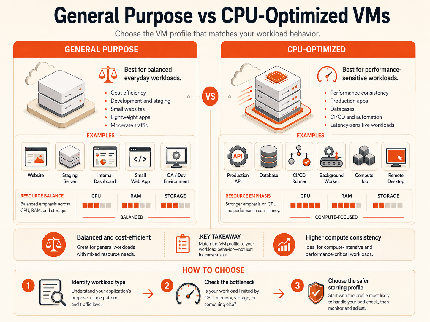 General Purpose versus CPU-Optimized VM comparison showing balanced workloads on one side and compute-heavy workloads on the other.