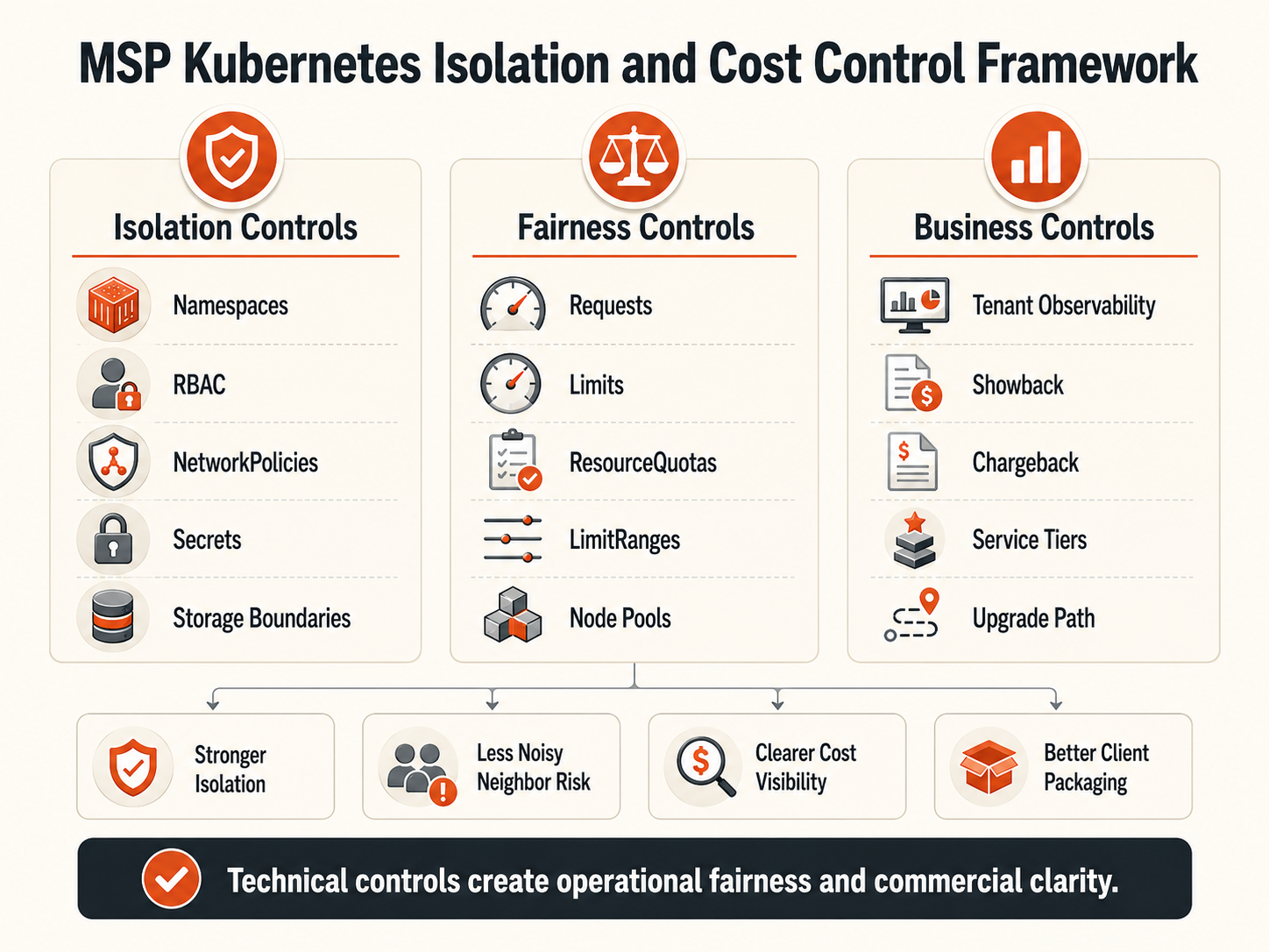 Kubernetes MSP isolation and cost control framework showing namespaces, RBAC, quotas, network policies, storage isolation, node pools, observability, showback, chargeback, and service tiers.
